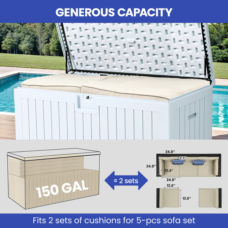 Edrosie Inc 54.3'' W 150 Gallons Water Resistant Resin Lockable Deck Box, White
