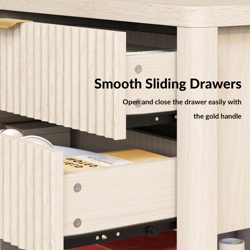 25.8"W Modern Wave Design Nightstand Set of 2,  2-Drawer Bedside Table, Beige