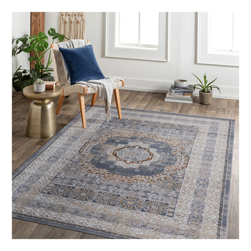 Tapis bleu / médaillon de collection pour la salle à manger, la salle à manger, le bureau à domicile et le tapis résistant aux taches