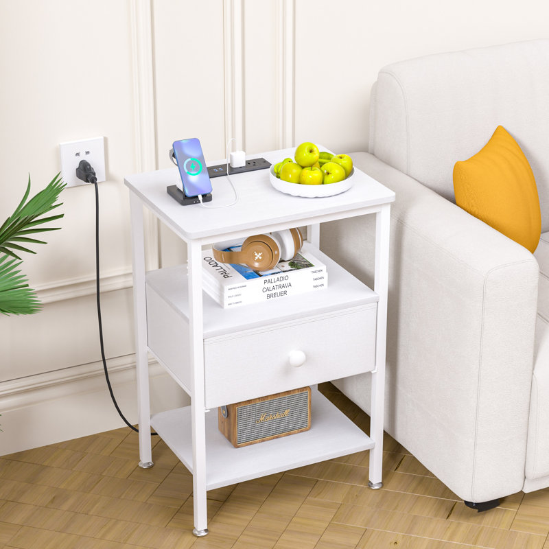 Table de bout avec station de charge, table de chevet mince avec tiroir de rangement en tissu, table d'appoint en bois pour petit espace, salon, chambre à coucher