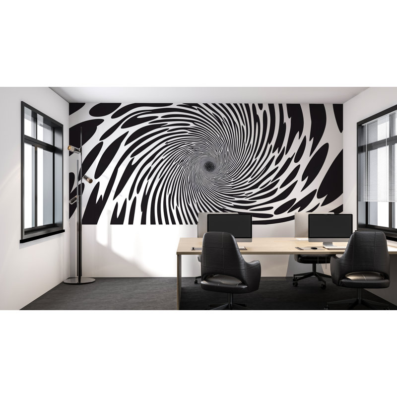 Papier peint à illusion optique Vortex - Papier peint en spirale noir et blanc pour bureau moderne 093Mv, H 24 po x l 13 po