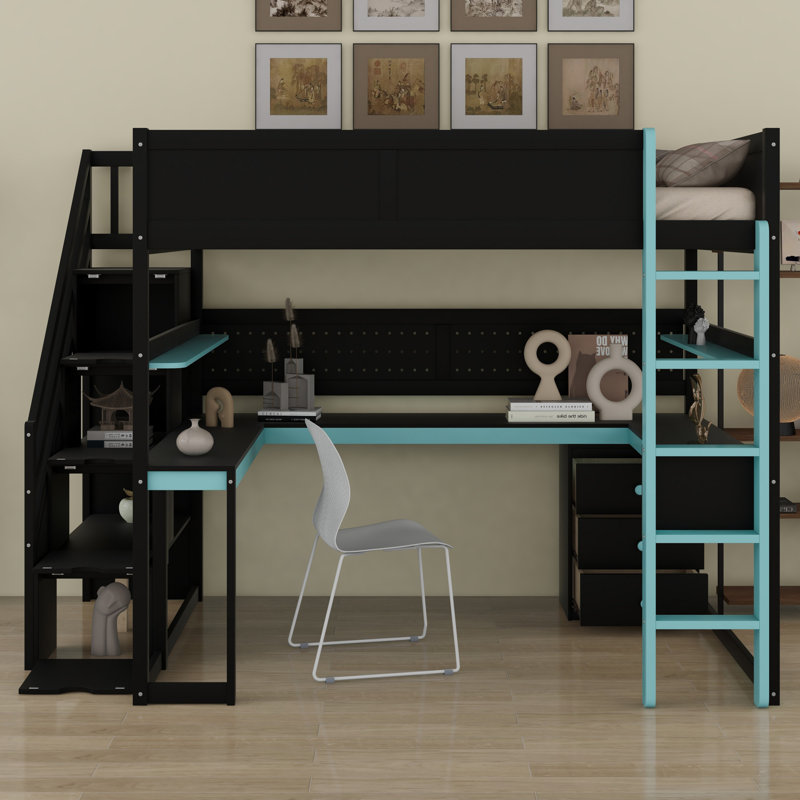 Lit mezzanine en bois avec escalier de rangement, bureau, tablettes et panneau perforé, Bleu, Lit double