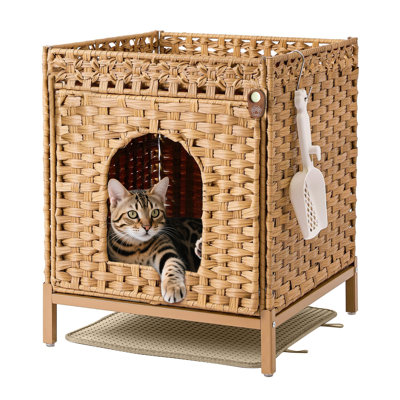  Enclos pour chat avec bac à litière caché avec pieds en métal, maison de chat en rotin tissée à la main