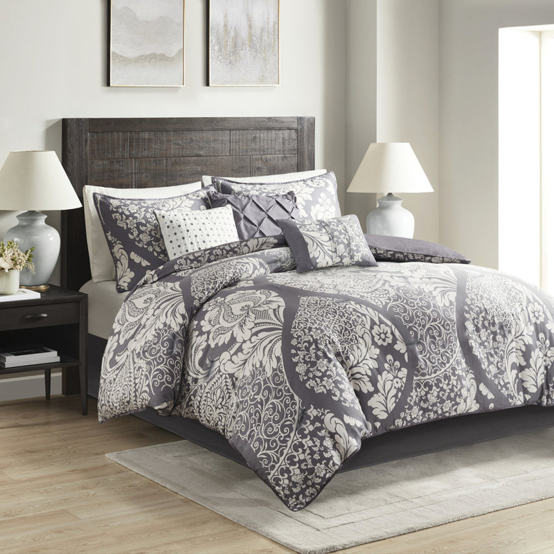 Édredon gris grand 7 pièces, imprimé coton, revers uni, rembourrage, oreillers décoratifs 7 pièces, grand lit, motif complexe, et