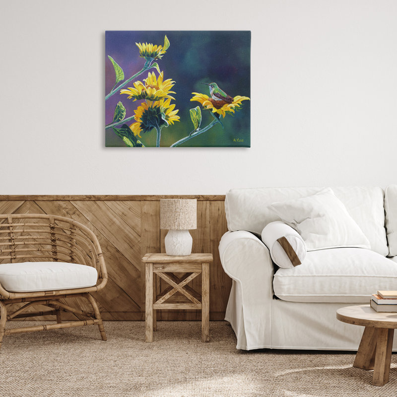 Art mural sur toile reposant des oiseaux sur des tournesols par Andrew Kiss, H 30 po x l 40 po