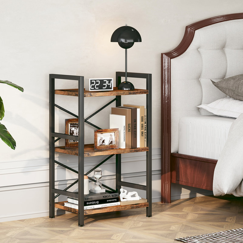 3 Tier Bookshelf, 3 Tier Industrial Bookcase, Metal Small Bookcase, Rustic Etagere Book Shelf Storage Organizer for Living Room, Bedroom, and Home Office(Rustic Brown)