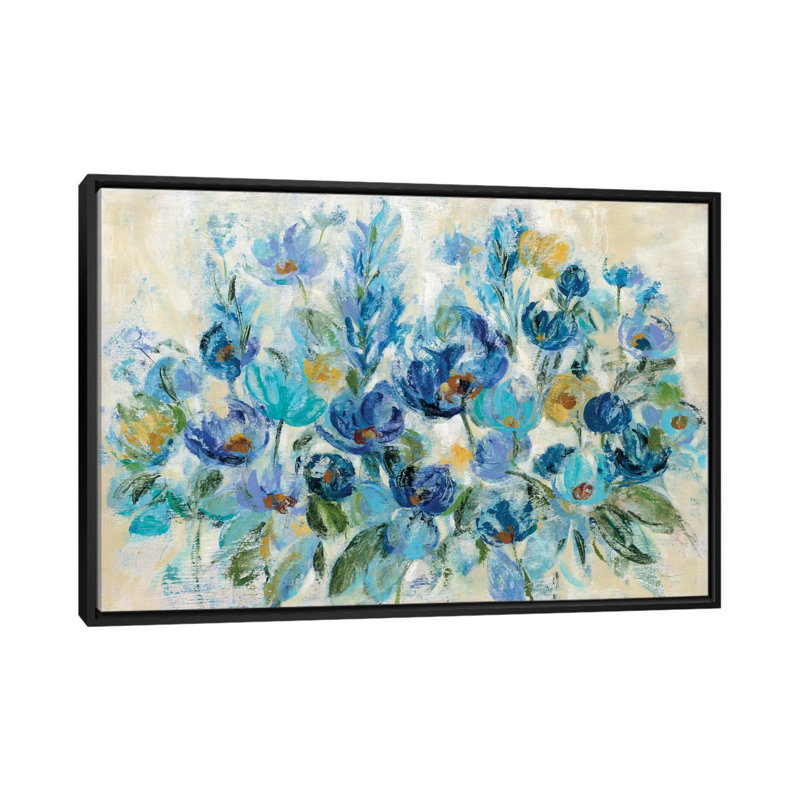 «Scattered Blue Flowers», impression sur toile, H 18 po x l 26 po x P 1,5 po, Toile avec cadre noir, Pas de tapis