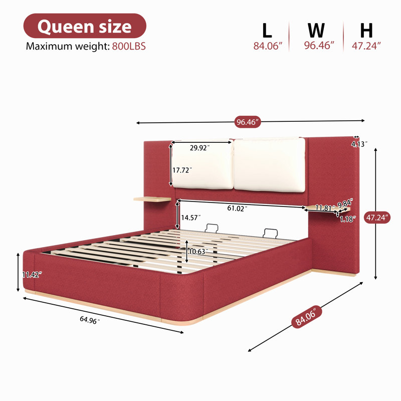 Lit plateforme tapissier avec panneau, cadre de lit plateforme avec coins arrondis doux anti-collision, stable et solide, Red