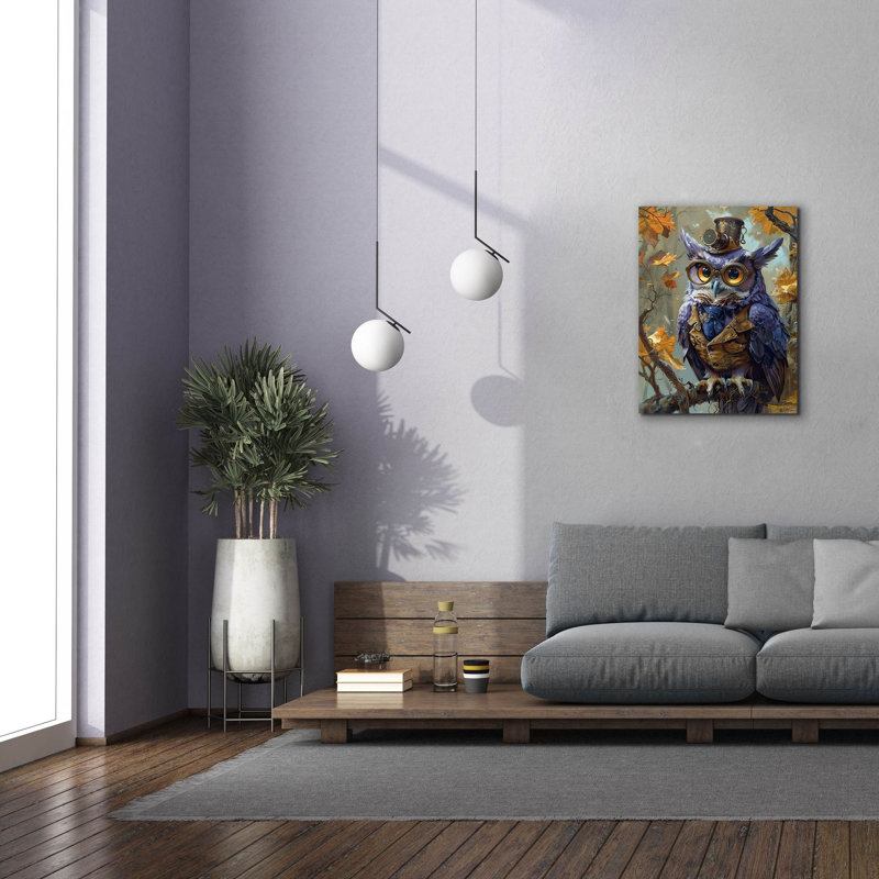 «Epic Graffiti» «Mauve hibou avec gilet et cravate» par Momart, art mural sur toile, 40 po x 54 po