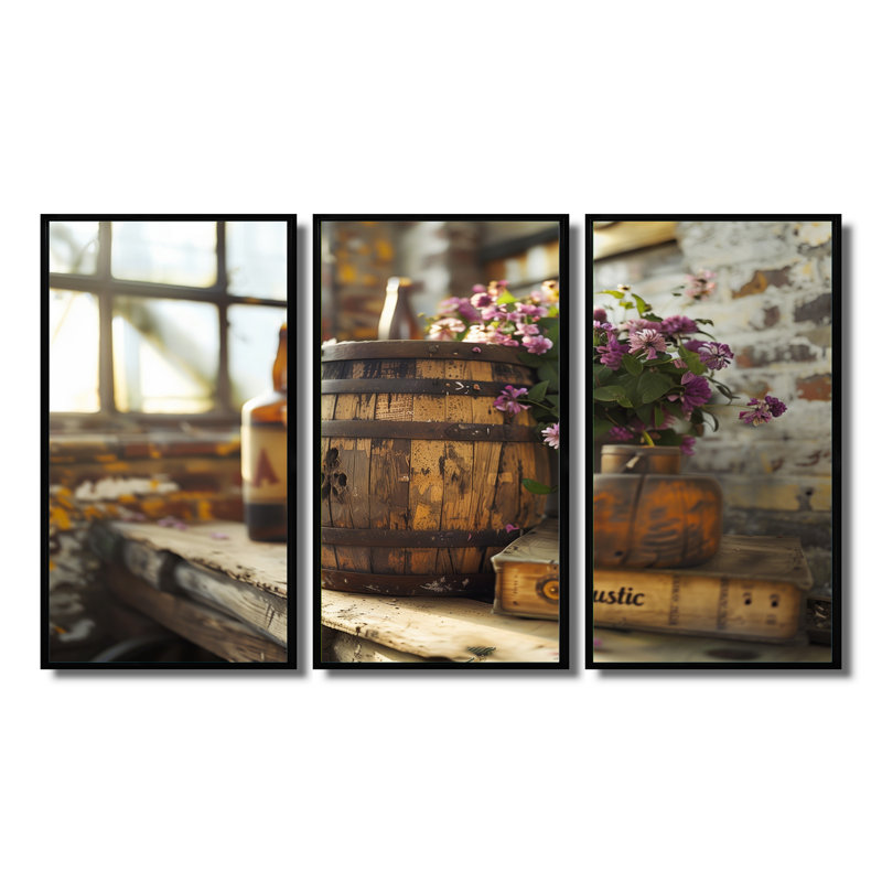 Floral Rustic Barrel Charm I - Rustic Wall Decor Set, 28" H x 36" W x 1" D, Black Floater Framed Canvas