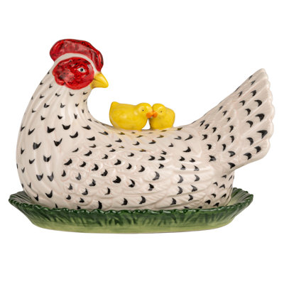 Multicolore en forme de poule reproduction en grès peinte à la main avec poussins