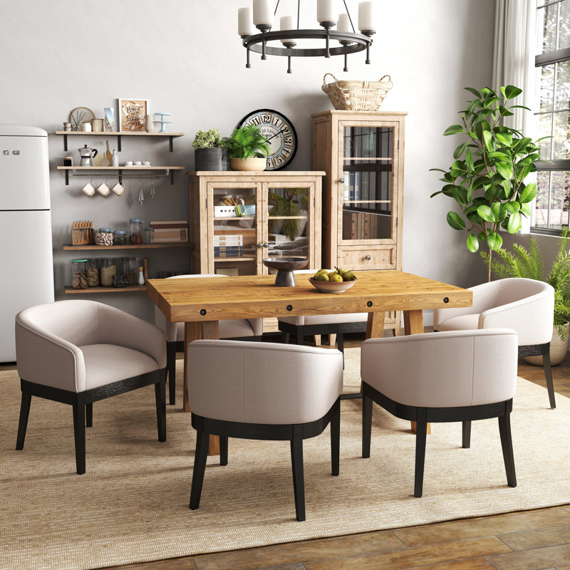 Rustic Solid Wood Dining Table And Chairs Set, Upholstered Barrel Dining Chairs Set Of 4 /6 And Solid Wood Dining Table