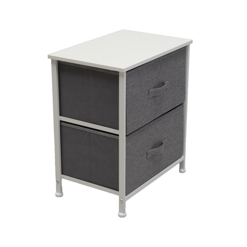 Fiffie Bedside Table Nightstand Unit - White Metal Frame. Wooden Top. Grey Fabric Drawers