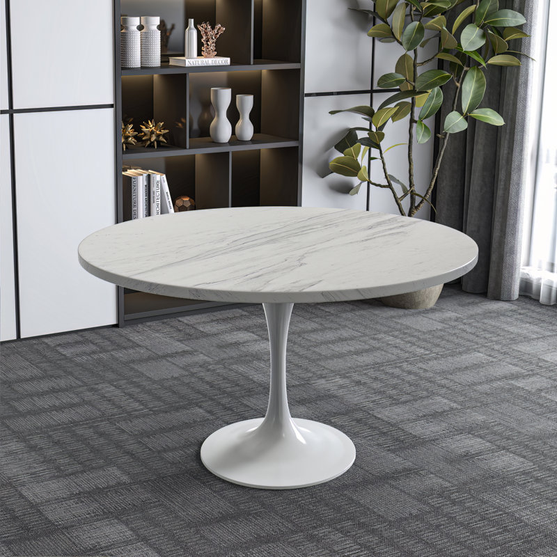 Kristifer Round Dining Table with Resin Top and White Stainless Steel Pedestal Base Kitchen Table - Seats 2-6 Person for Kitchen, Dining Room, Cafes
