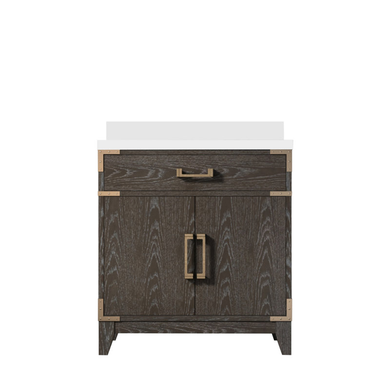 Brown Oak Single Bath Vanity 30 In. W X 22 In. D, With White Quartz Top, Brown Oak