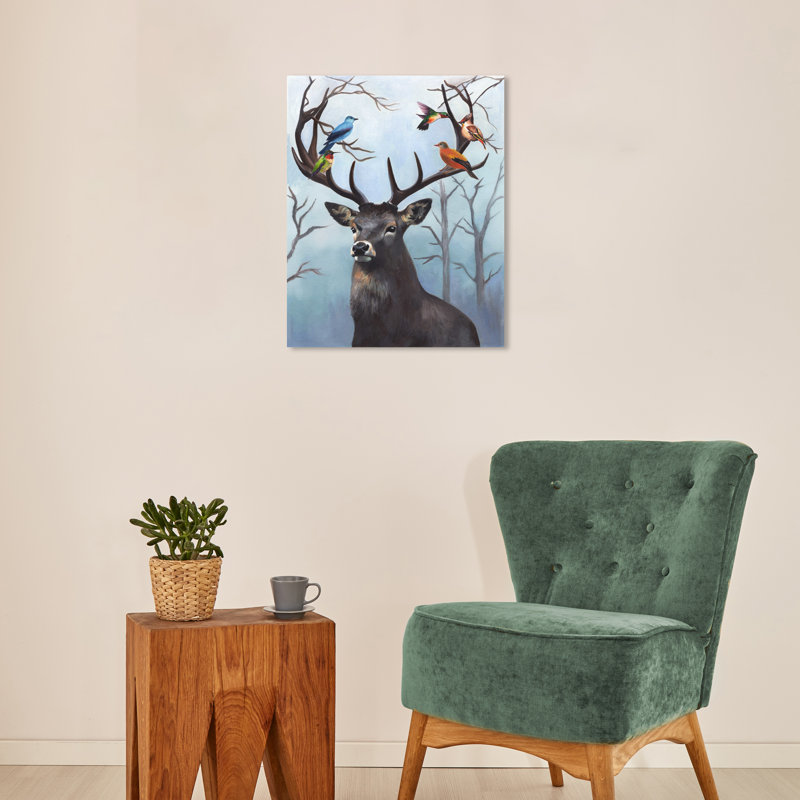 Mignon cerf avec oiseaux II par Wynwood Studio, H 20 po x l 16 po x P 0,8 po
