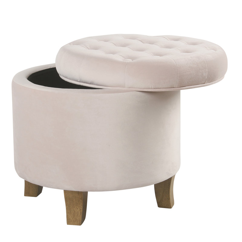Repose-pieds rond capitonné avec rangement, Velours rose moelleux