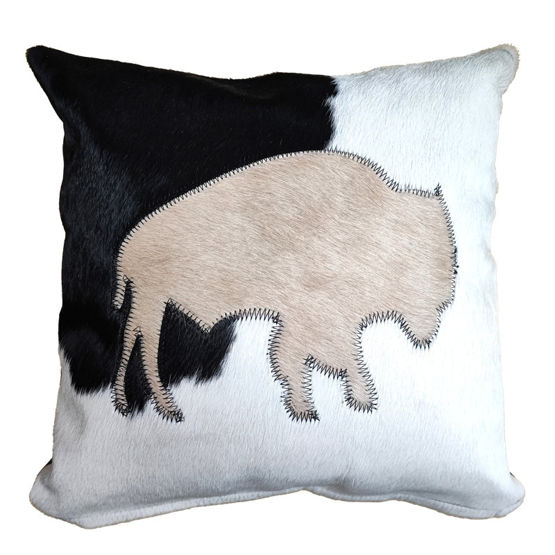 Cowhide Cushion Cover with Bison, 16"H x 16"W
