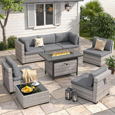6-Piece Rattan Outdoor Conversation Set with Cushions and Glass Coffee Table & Optional Fire Pittable