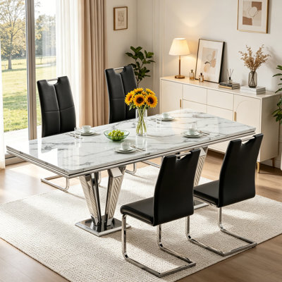 Modern 68“ Dining Table Set, Faux Marble Dining Room Table Set, Rectangle Kitchen Table Set with Leather Dining Chairs for Kitchen Dining Living Room