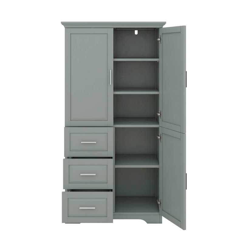 Tall And Wide Storage Cabinet With Doors, Three Drawers, Gray
