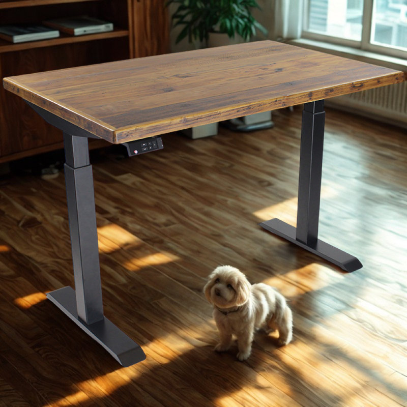 Bureau debout à hauteur ajustable électrique Skyscraper, double moteur et commande numérique avec mémoire, 48 x 30, plateau en bois récupéré véritable avec cadre noir