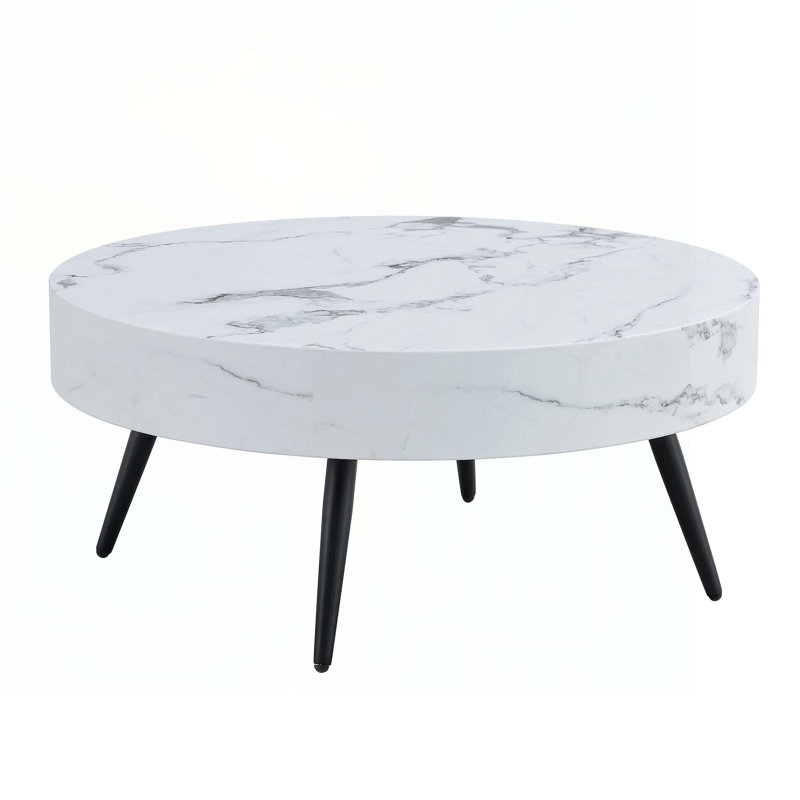 31.5" Round Mid-Century Modern Coffee Table, Natural Wood Top with Black Metal Hairpin Legs, White