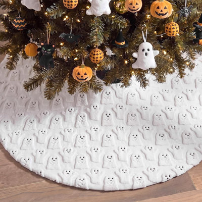 White Plush Halloween Ghost Tree Skirt with 3D Ghosts – Faux Fur Spooky Tree Base Decor for Halloween & Christmas