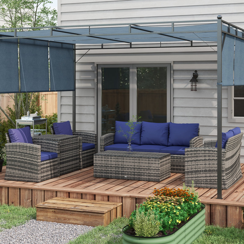 Wicker 7 - Person Garden Lounge Set with Cushions, Navy Blue