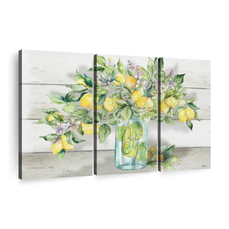 «Watercolor Lemons in Mason Jar Landscape», impression sur toile tendue 3 pièces, H 28 po x l 45 po