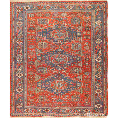 One-of-a-Kind Rectangle 8'3" X 9'7" 1900s Wool Area Rug in Blue/Orange/Beige