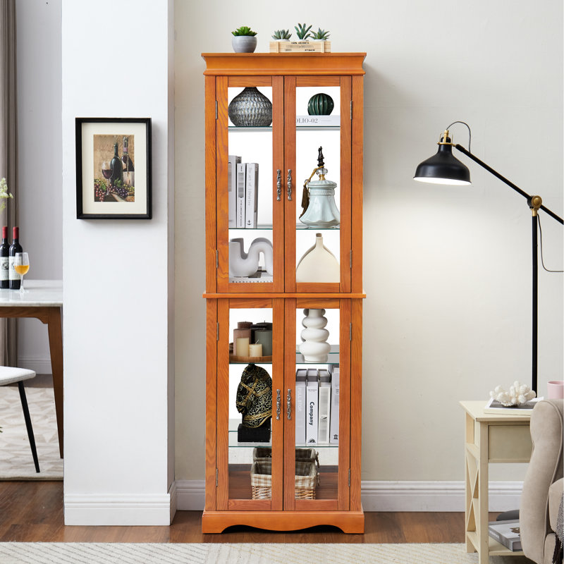 Lighted Glass Cabinet With Abundant Display Space And Vintage Handle Illuminated Storage Movable Partition Shelves
