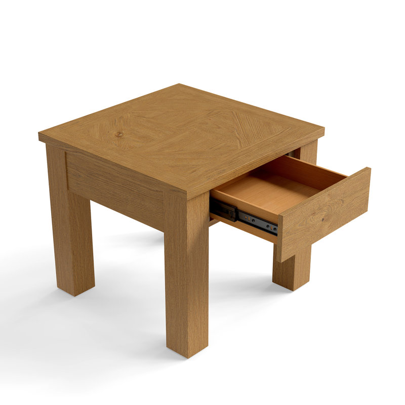 Table de bout en bois naturel avec motif à losanges pastel, table de chevet à poignées dissimulées, Chêne de teinte moyenne