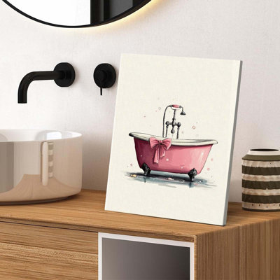 Preppy Pink Bathtub Bathroom Wall Art Decor Coquette Bow Bathtub Picture Artwork Pink Bathroom Wall Decor For Girls Washroom Restroom 8X10 Canvas Framed