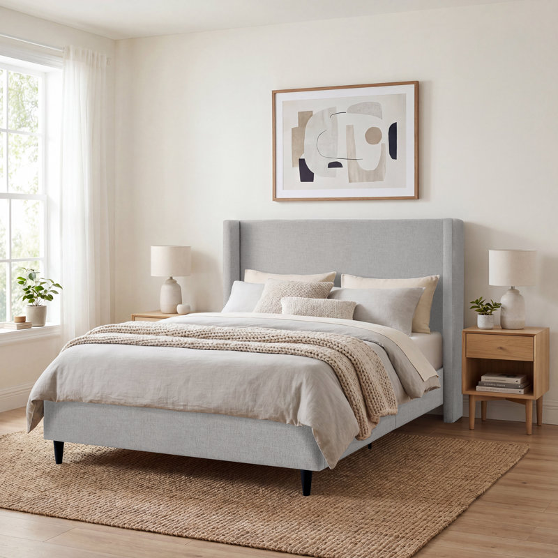 Ana Upholstered Wingback Platform Bed, Gray Canvas, King