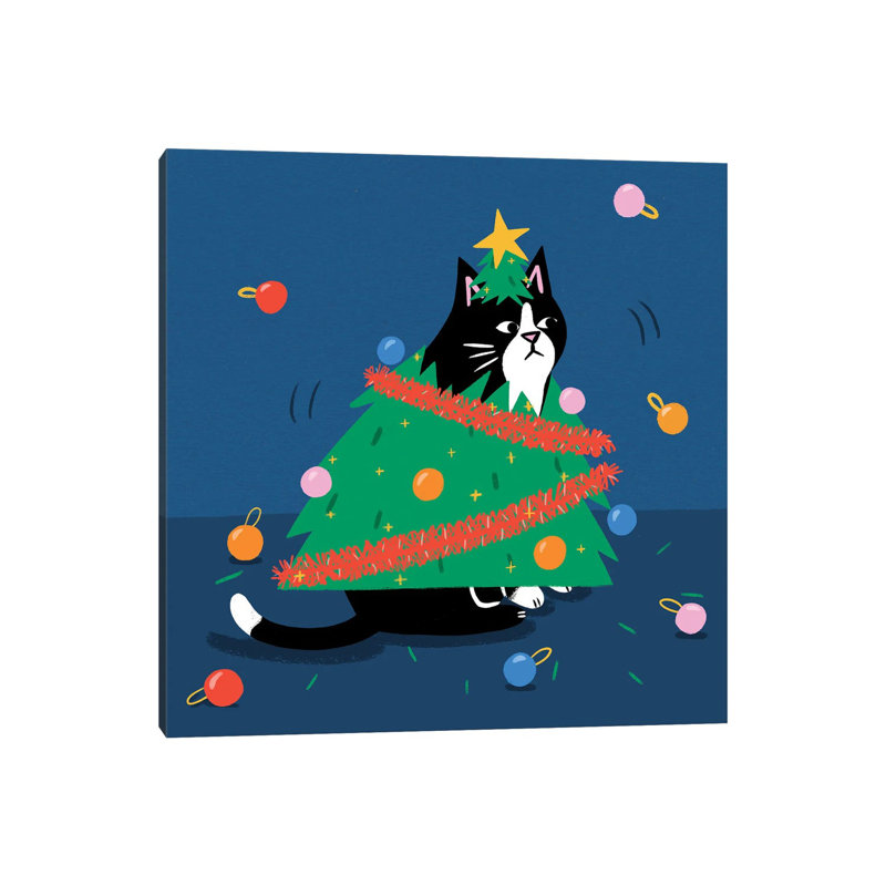 Arbre de Noël chat - reproduction d'art murale - toile tendue, Toile tendue, Ne s’applique pas, H 12 po x l 12 po