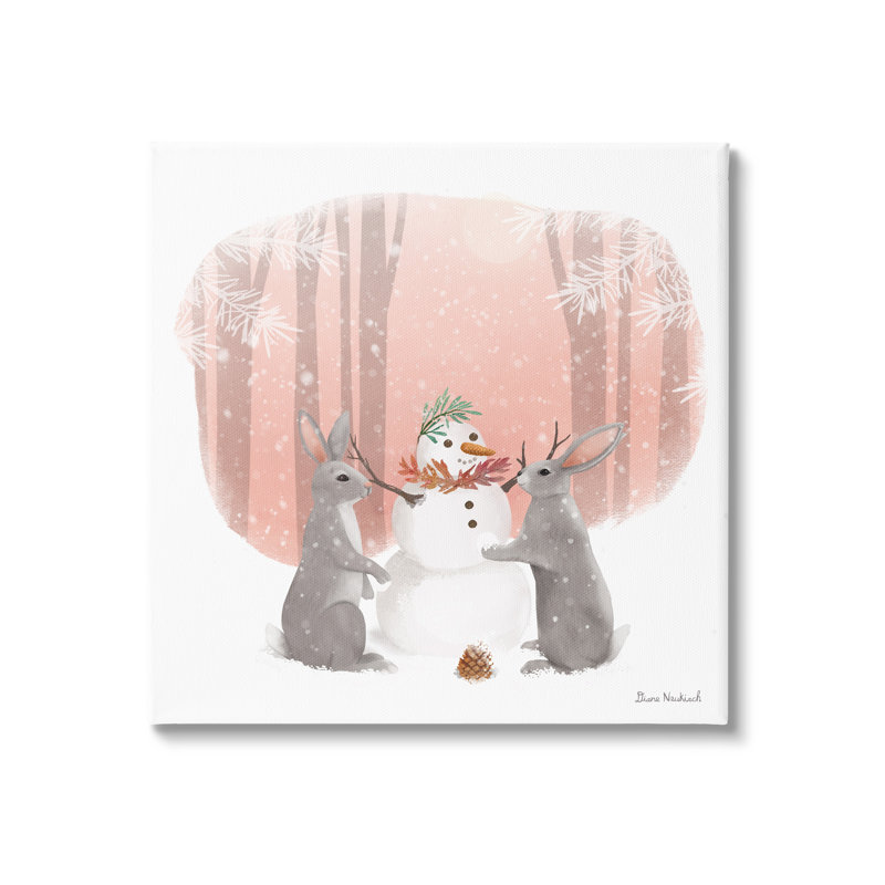 " Winter Rabbits Building Snowman Snowy Forest Scene " by Diane Neukirch Painting Print, 17" H x 17" W x 1.5" D