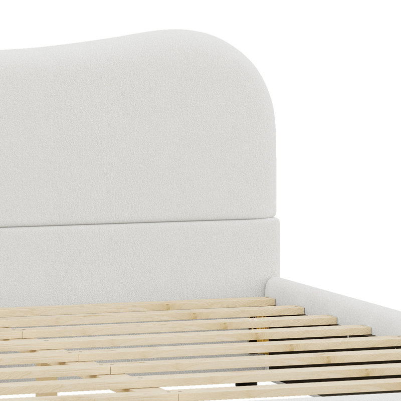 Lit plateforme tapissier avec pieds en bois, Blanc, Grand lit
