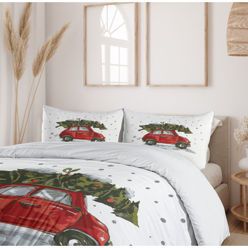 Twin Christmas Red Car and Tree Microfiber Duvet Set
