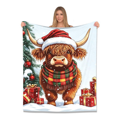 Cozy All Season Flannel Blanket, Christmas Highland Cow Santa Hat Plaid Scarf Winter Print Decor for Sofa Bed Travel All Year White, 40 x 50 in