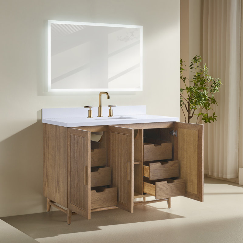 Meuble-lavabo de salle de bain autoportant 48 po entièrement assemblé avec plateau en bois massif et plateau blanc entièrement assemblé