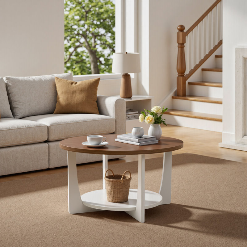 Table basse 31,5 po à pieds en bois massif avec rangement à 2 niveaux, Noyer/blanc