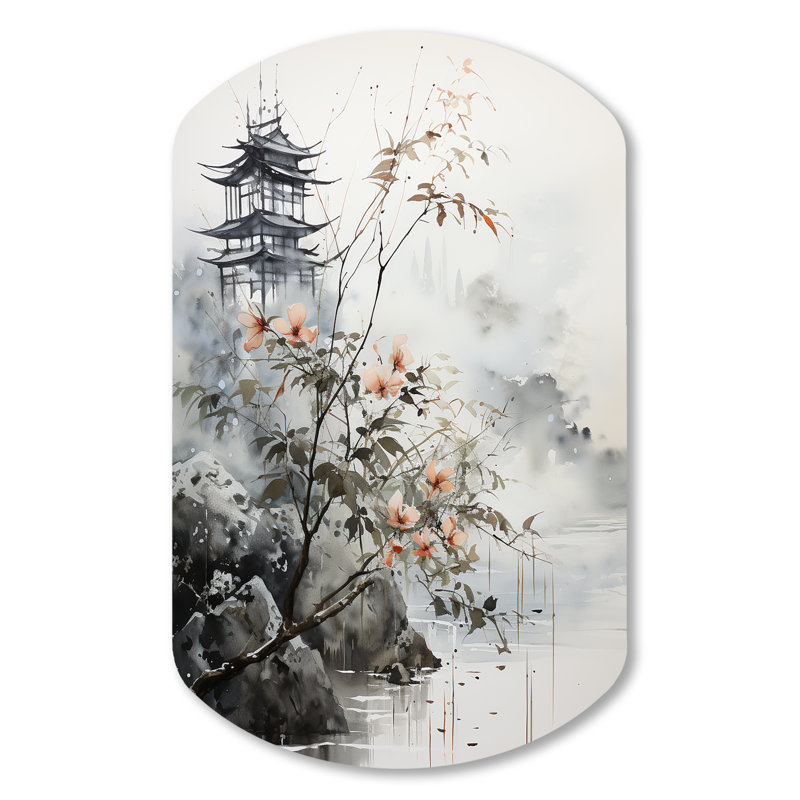 «Asian Art Sumi Bird Serenity», reproduction d'art cylindrique asiatique, art mural asymétrique gris en métal