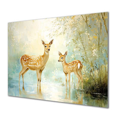 Famille de chevreuils au bord de la rivière - animaux, impression murale en métal