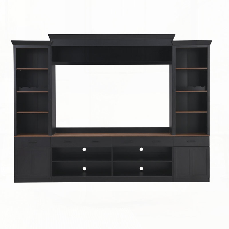 Farmhouse 4-Piece Entertainment Wall Unit Set With Bookshelf For Tvs Up To 70", Black/Dark Walnut
