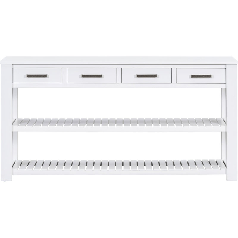 Console And And Pine, 4 tiroirs, 2 tablettes, poids de 60,52 lb, table pour espaces de vie, tiroirs et matériaux, Blanc
