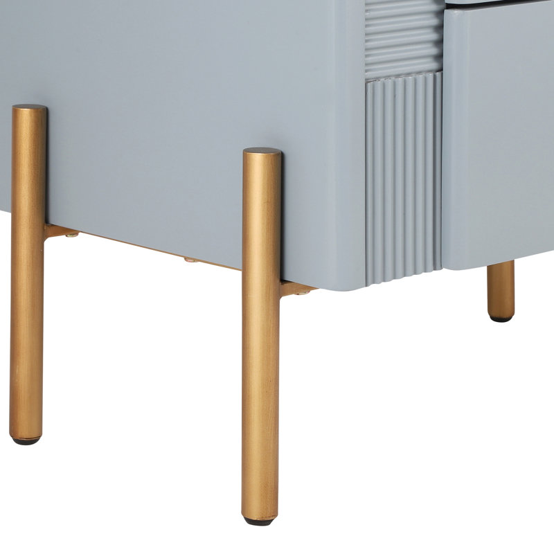 Table de chevet bleue avec pattes en métal doré, 2 tiroirs pour effets personnels, façade cannelée, poignées de table d'appoint coulissantes, tiroirs spacieux, glissières