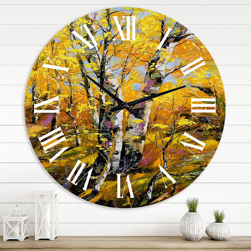 Bouleaux en bois d'automne jaune - horloge murale champêtre, Moyenne