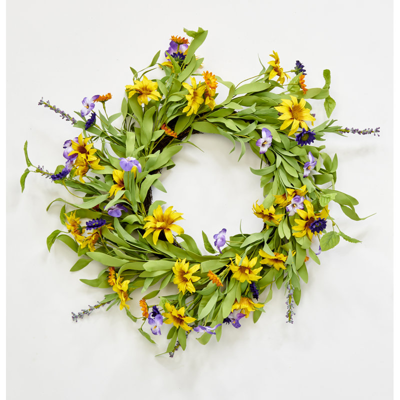 22" Artificial Spring Yellow Purple Flower Wreath