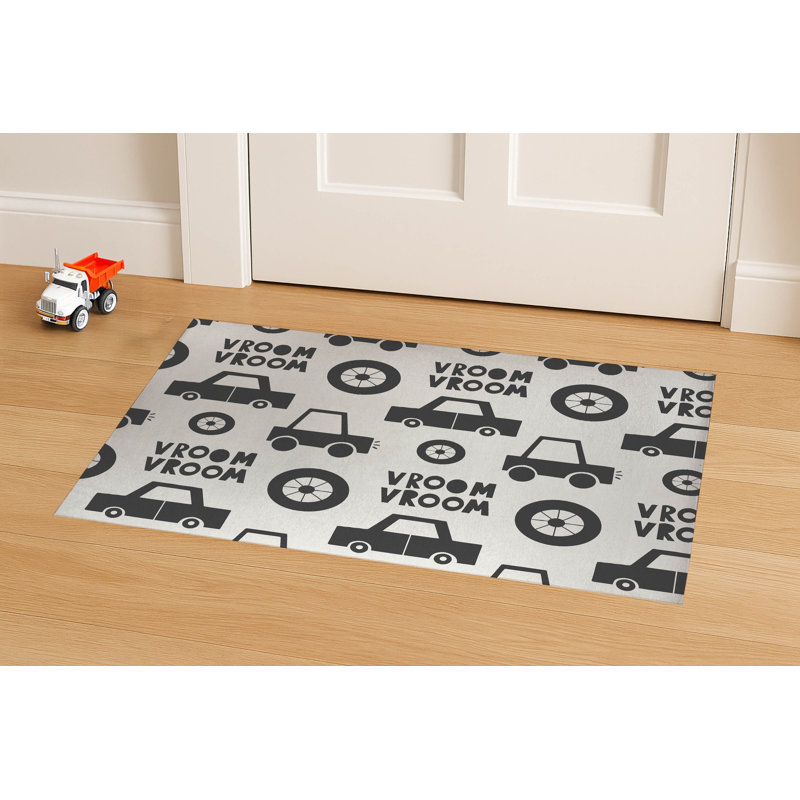 Vroom vroom Indoor Doormat, 24" W x 36" L, Ivory/Charcoal